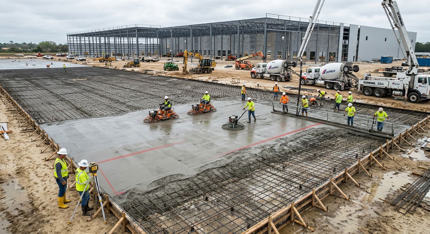 Commercial concrete slab pour